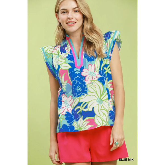 Umgee Tops - Umgee Bold Floral Flutter Sleeve Top